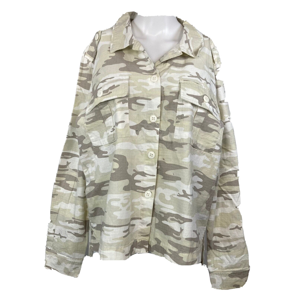 Sanctuary Shirt Jacket Womens Sz L Beige Camo Print Over Size Collared Button Up